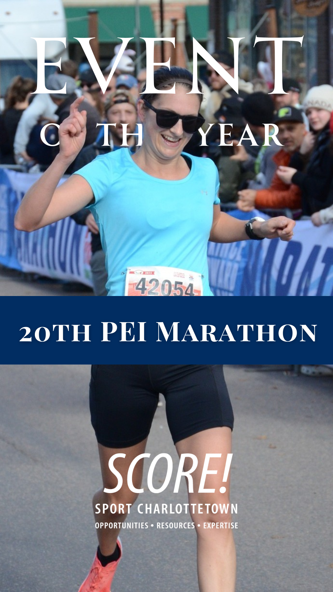 Poster showing a woman running in a marathon with spectators cheering in the background, promoting the 20th PEI Marathon at Sport Charlottetown.