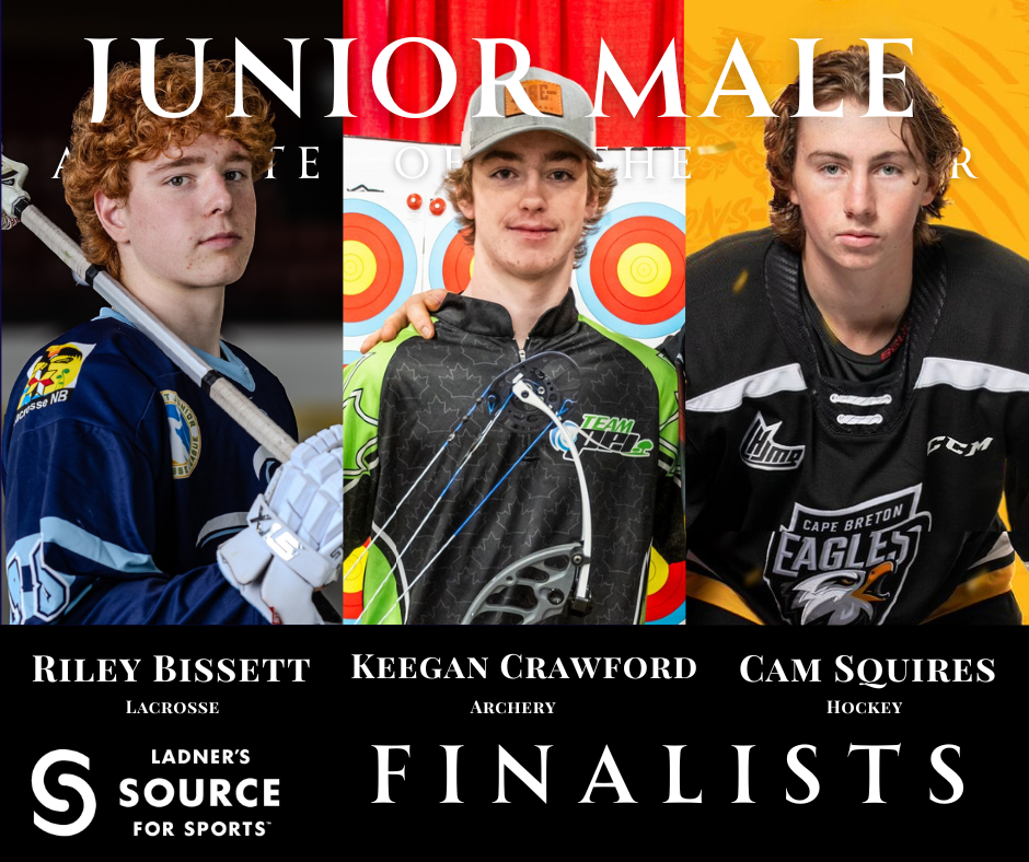 Three young male athletes in sports uniforms, with names Riley Bissett, Keegan Crawford, and Cam Squires, are displayed as finalists in lacrosse, archery, and hockey respectively.