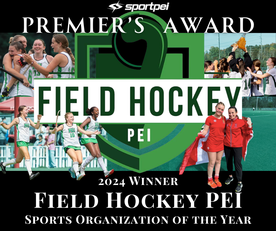 Celebration of a women's field hockey team winning the 2024 PEI Sports Organization of the Year award, with photos of players celebrating, holding a trophy, and wearing team uniforms.