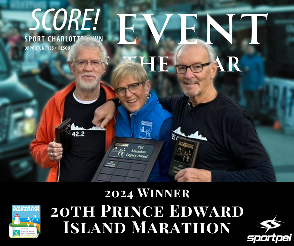 A group of three marathon finishers holding awards at a celebration event, with a blurred background of cars and people, promoting the 2024 Prince Edward Island Marathon.