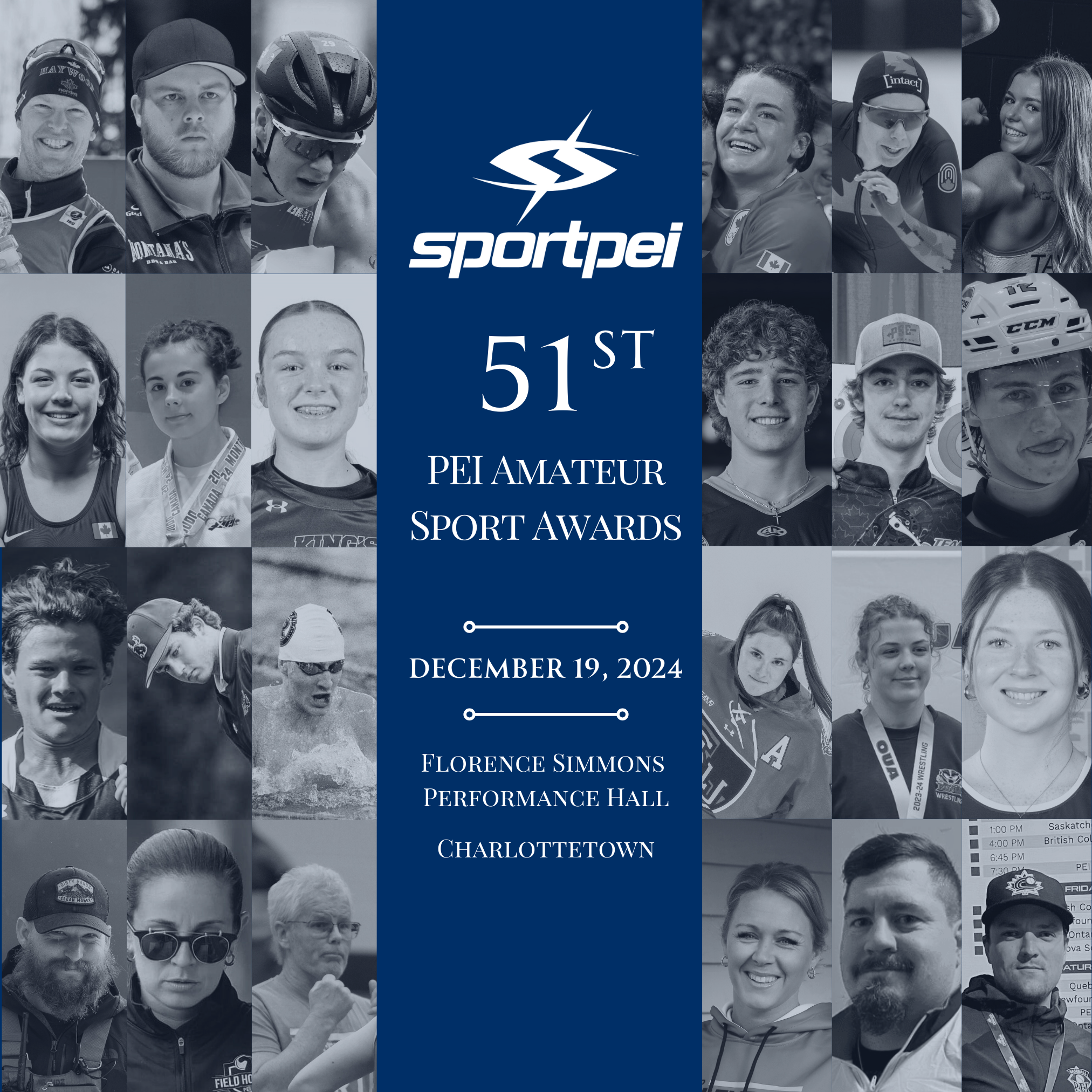 Poster for the 51st PEI Amateur Sport Awards featuring a collage of black-and-white photos of athletes, with event details in the center indicating the date, location, and the name of the event.