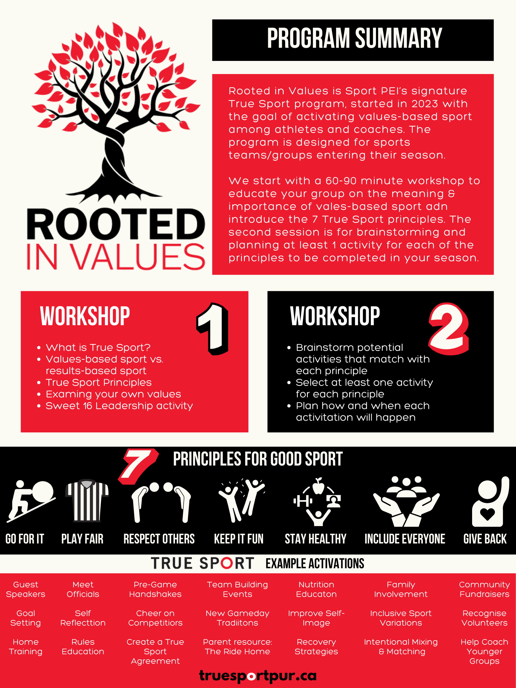 Program poster for Rooted in Values, a sports program emphasizing values-based True Sport principles, featuring a stylized black and red tree and lists of workshop topics, principles, and example activities.