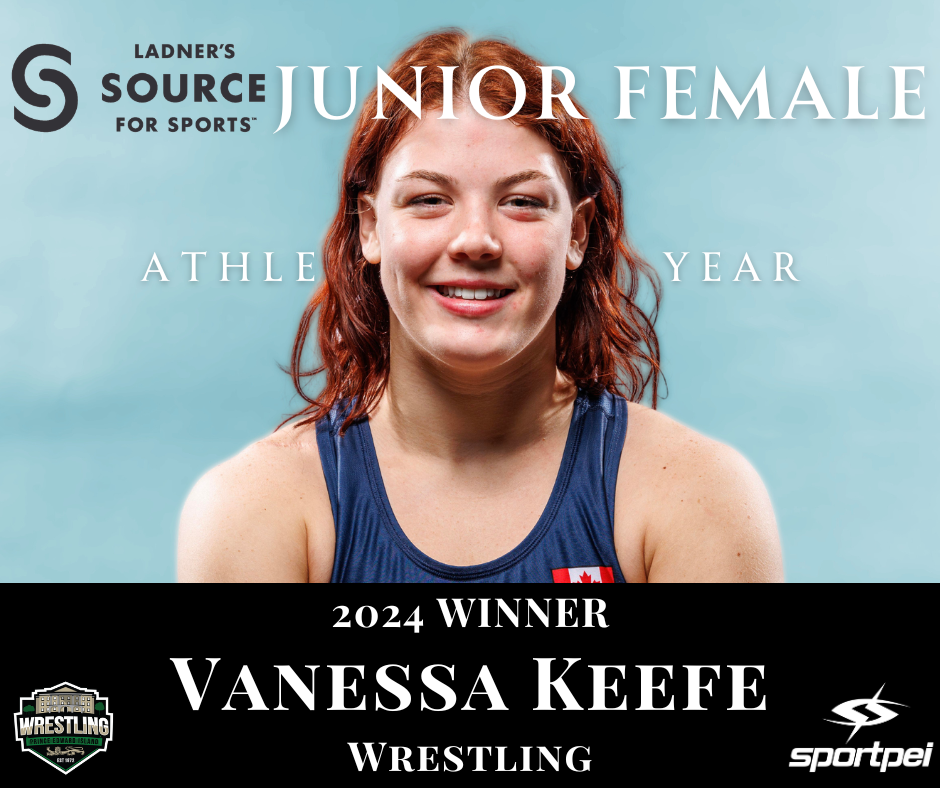 Portrait of Vanessa Keefe, a junior female wrestler, smiling with red hair in a blue wrestling uniform against a light blue background, with text indicating she is the 2024 wrestling champion and winner, sponsored by Ladner's Source for Sports and Sp