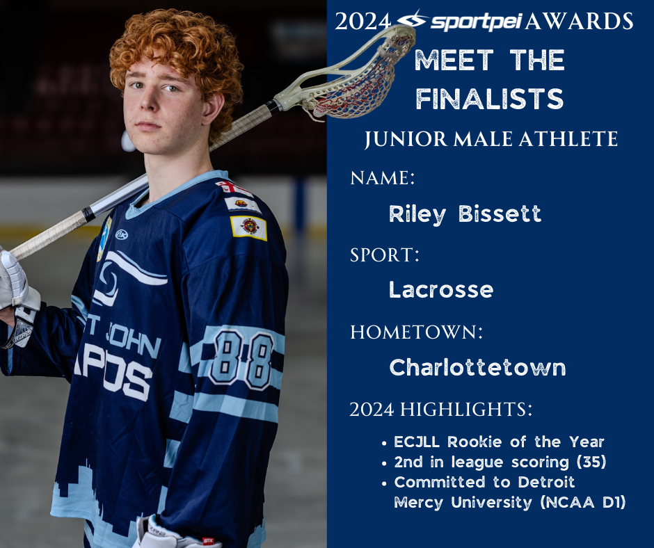 Portrait of a young male lacrosse player with curly red hair, wearing a blue jersey with the number 88, holding a lacrosse stick over his shoulder, alongside a graphic announcing his candidacy for 2024 Sportpei Awards as Junior Male Athlete, finalist