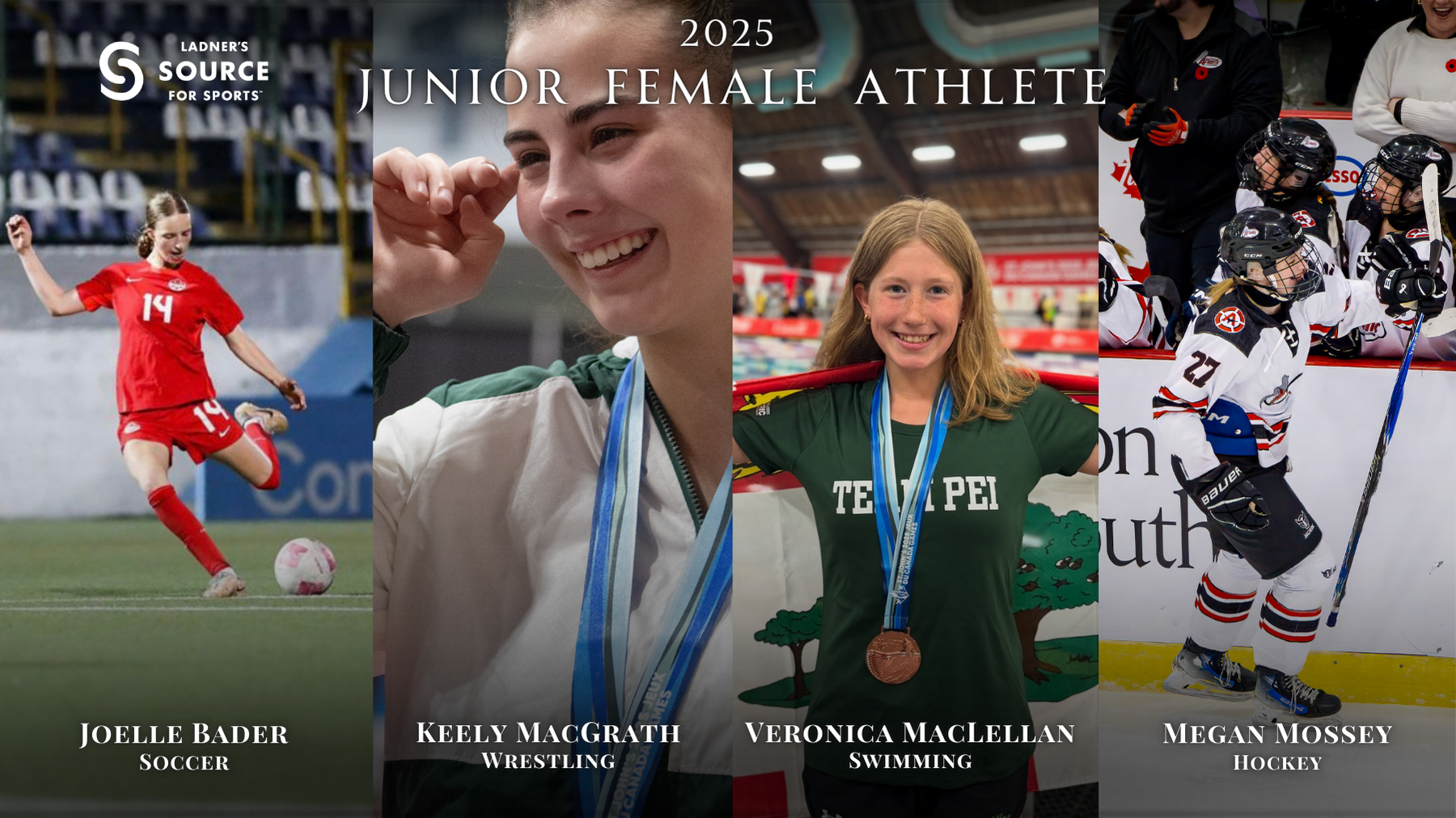 Collage of four young female athletes: Joelle Bader playing soccer in red uniform, Keely MacGrath smiling with wrestling medals, Veronica MacLellan holding a rowing oar with a bronze medal, Megan Mossey skating hockey in a white and black uniform.