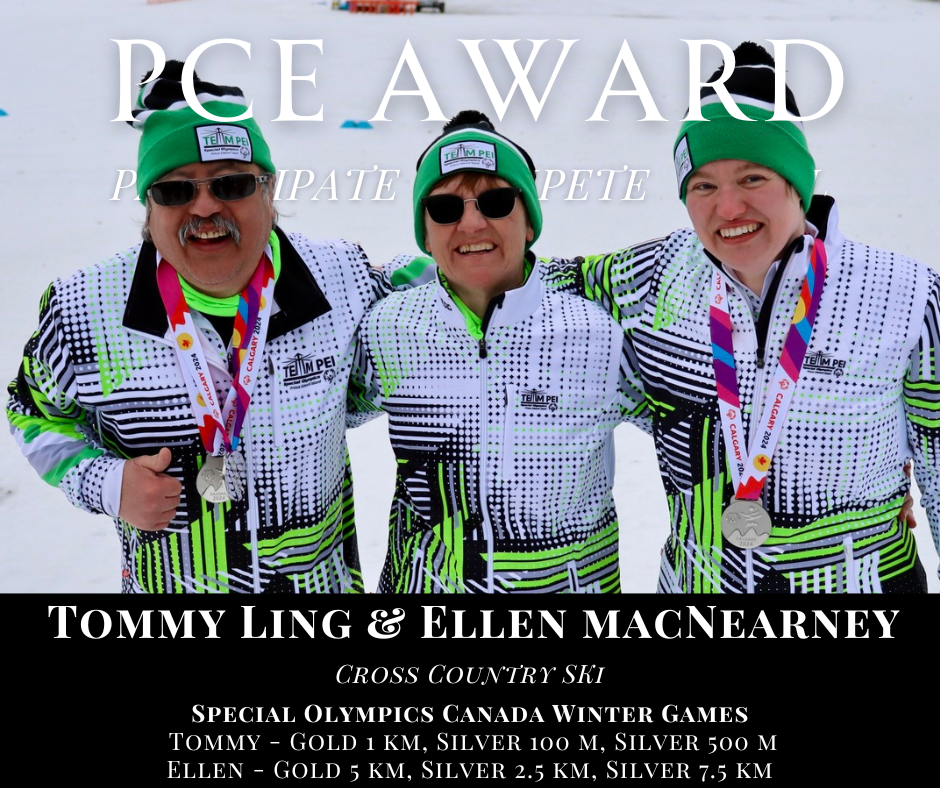 Three athletes in winter cross-country skiing gear with medals around their necks celebrating their participation and achievements at the Special Olympics Canada Winter Games in Calgary, wearing matching green, black, and white striped jackets and gr