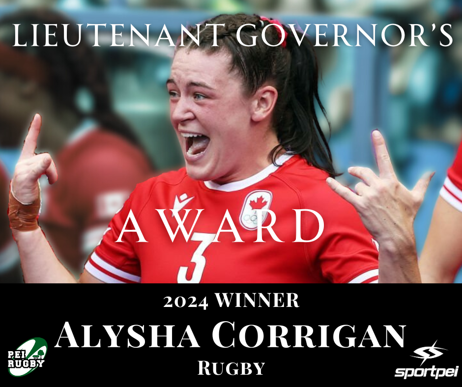 A young woman in a red sports jersey celebrating, with text indicating she won the 2024 Lieutenant Governor's Award as a rugby player, with logos of PEI Rugby and SportPei.