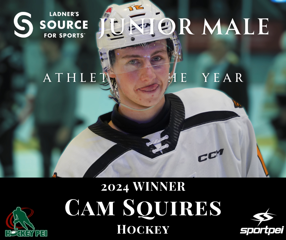 Young male hockey player wearing a helmet and white jersey, smiling at the camera, with text indicating he is the 2024 winner of the Ladner's Source for Sports Junior Male Athlete of the Year, associated with Hockey PEI and Sport pei.