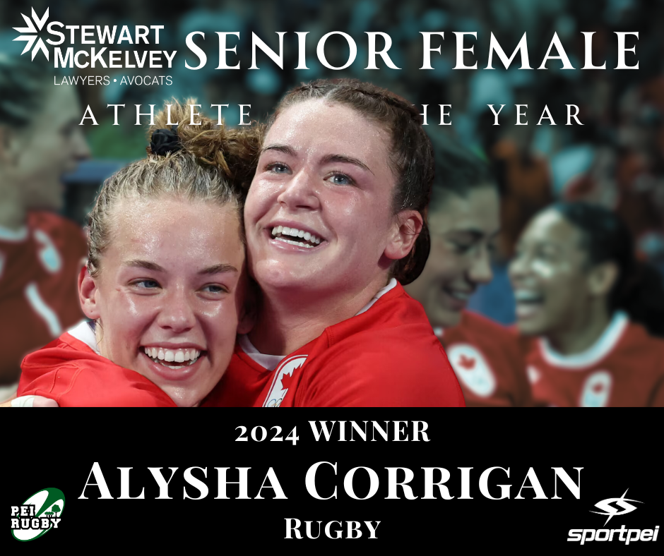 A poster celebrating Alysha Corrigan as the 2024 senior female athlete of the year for rugby, featuring a photo of her hugging a teammate, both smiling, in sports uniforms, with text indicating her win and her sport.