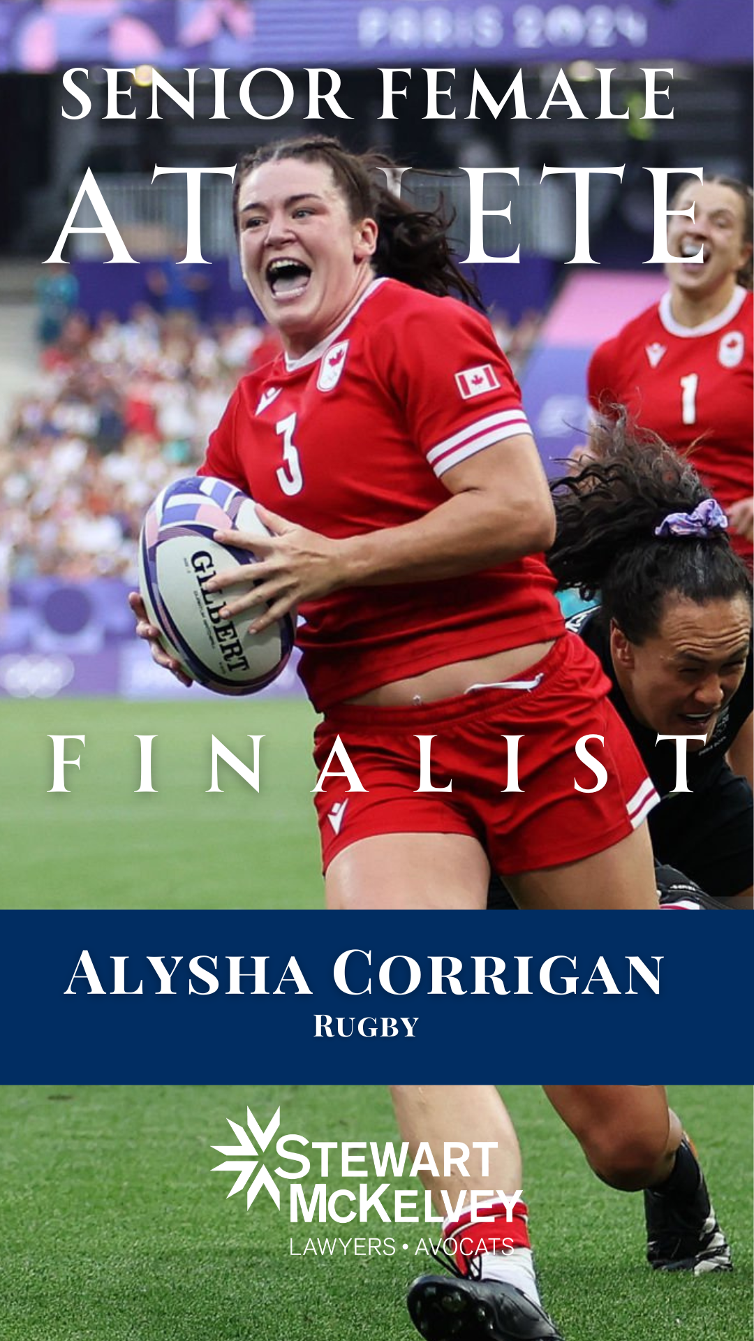 A female rugby player in a red uniform holding a rugby ball, running on the field with a teammate behind her, celebrating her achievement at a competition during the Paris 2024 Olympics, with text overlay indicating she is a finalist for senior femal