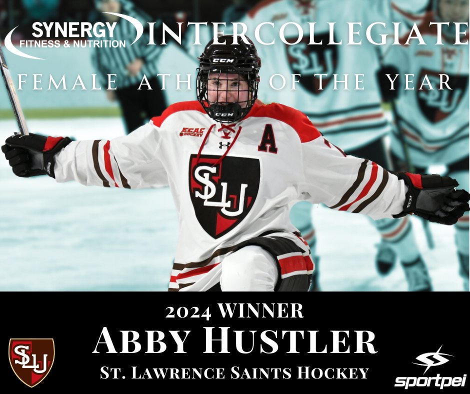A female hockey player in a white and red jersey celebrating on the ice, with other players in the background. The image includes text indicating she is the 2024 winner for Female Athlete of the Year from Intercollegiate Sports, representing St. Lawr