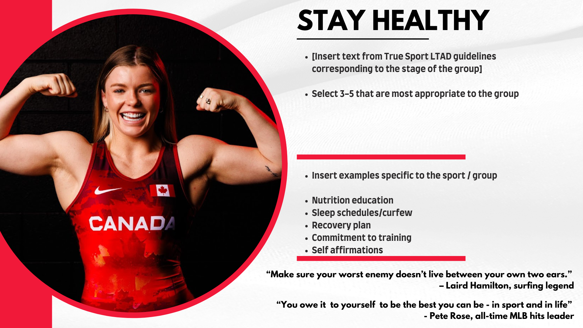 A smiling female athlete wearing a red sports tank top with the Canadian flag and the word Canada, flexing her biceps. The background is black, and the right side of the image has text about staying healthy, including guidelines, examples, and motivational quotes.