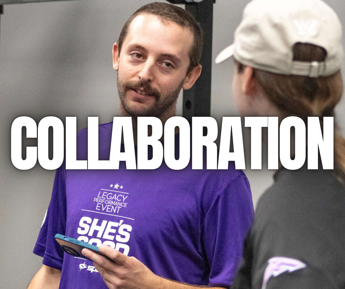A man and woman talking at a sports event, with the woman wearing a cap. The man is holding a phone. The man is wearing a purple shirt that says "Legacy Performance Event" and "She's Good". The word "COLLABORATION" is overlaid on the image.