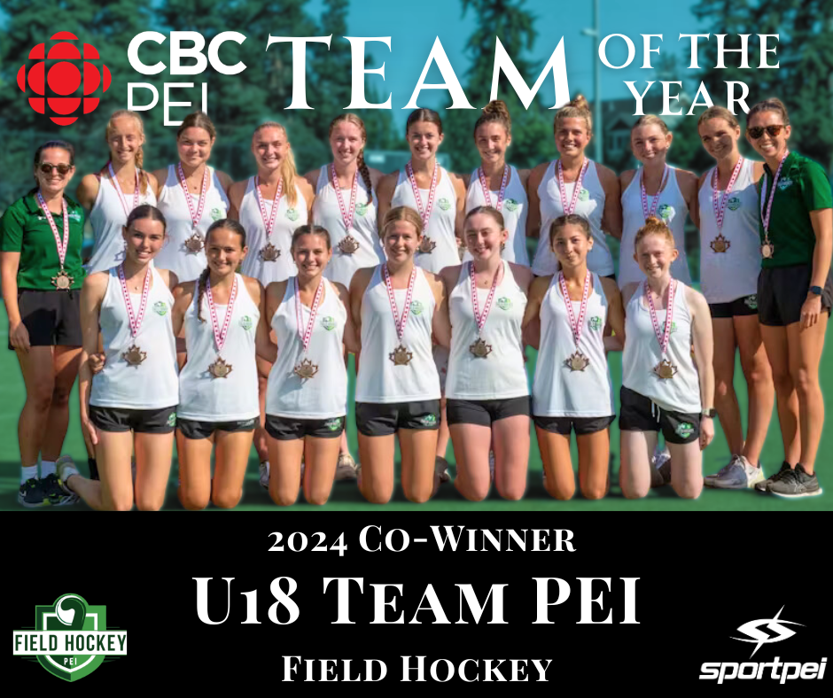 Group of female field hockey players celebrating their victory at the 2024 CBC PEI Team of the Year awards, wearing medals and team uniforms.