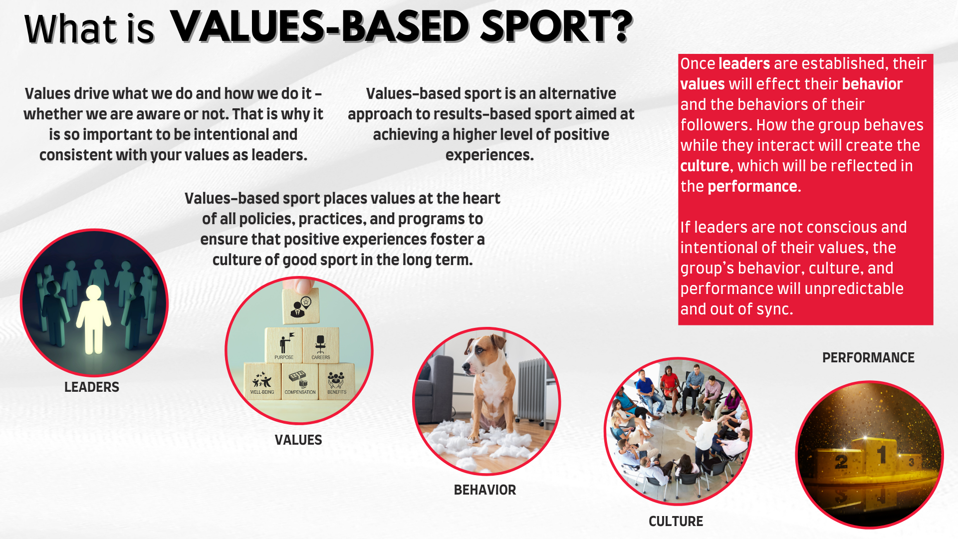 A colorful infographic explaining what values-based sport is, including definitions and key elements such as leaders, values, behavior, culture, and performance, with corresponding images.