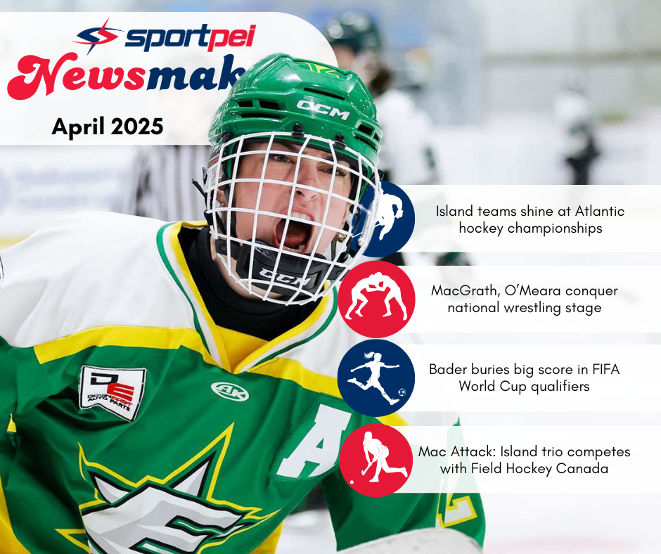 A young ice hockey player wearing a green and yellow jersey and a green helmet yells during a game. The image includes a magazine cover with headlines about various sports events and achievements, dated April 2025.