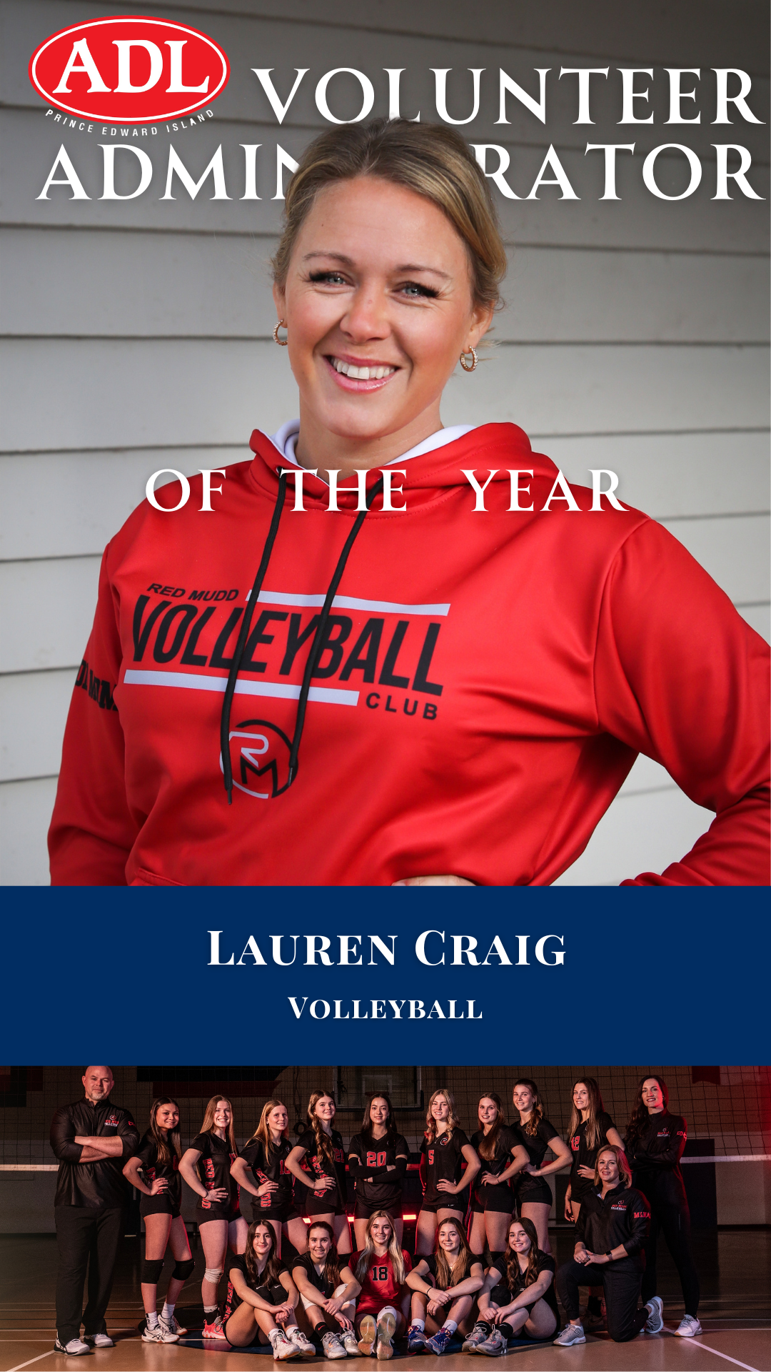 Cover of a magazine featuring Lauren Craig, a volleyball player, with a team photo of her volleyball team behind her. The magazine is titled ADL Volunteer of the Year.