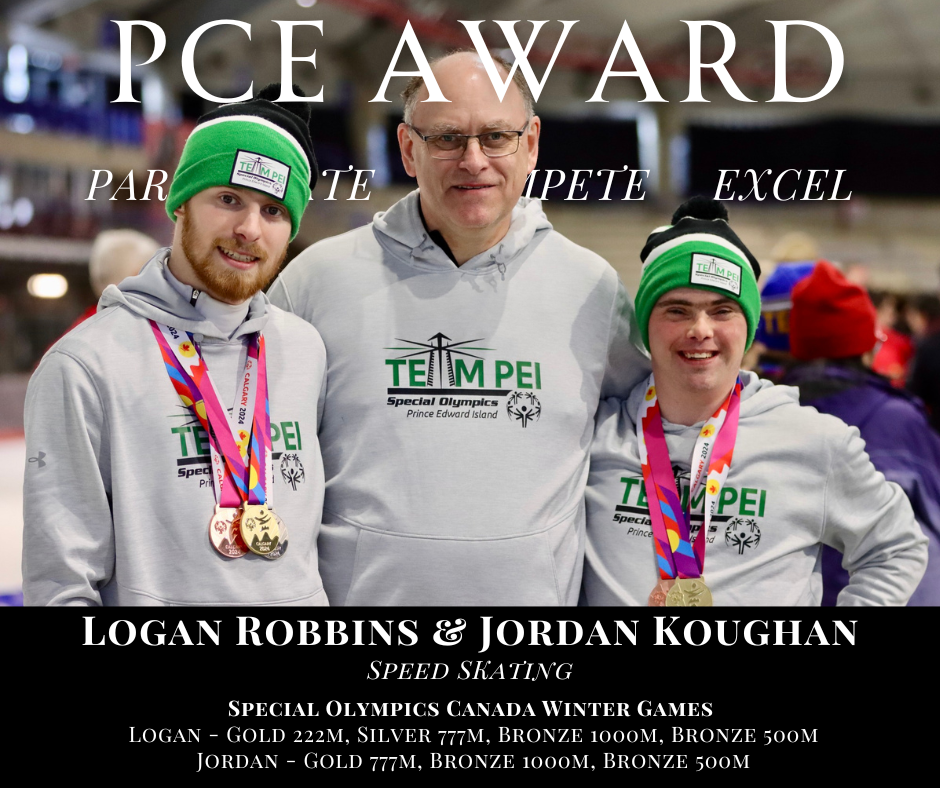 Two young male athletes wearing medals and gray hoodies, standing with an older man dressed in a similar hoodie, all at a winter sports event, with text overlay indicating they won medals at Special Olympics Canada Winter Games.