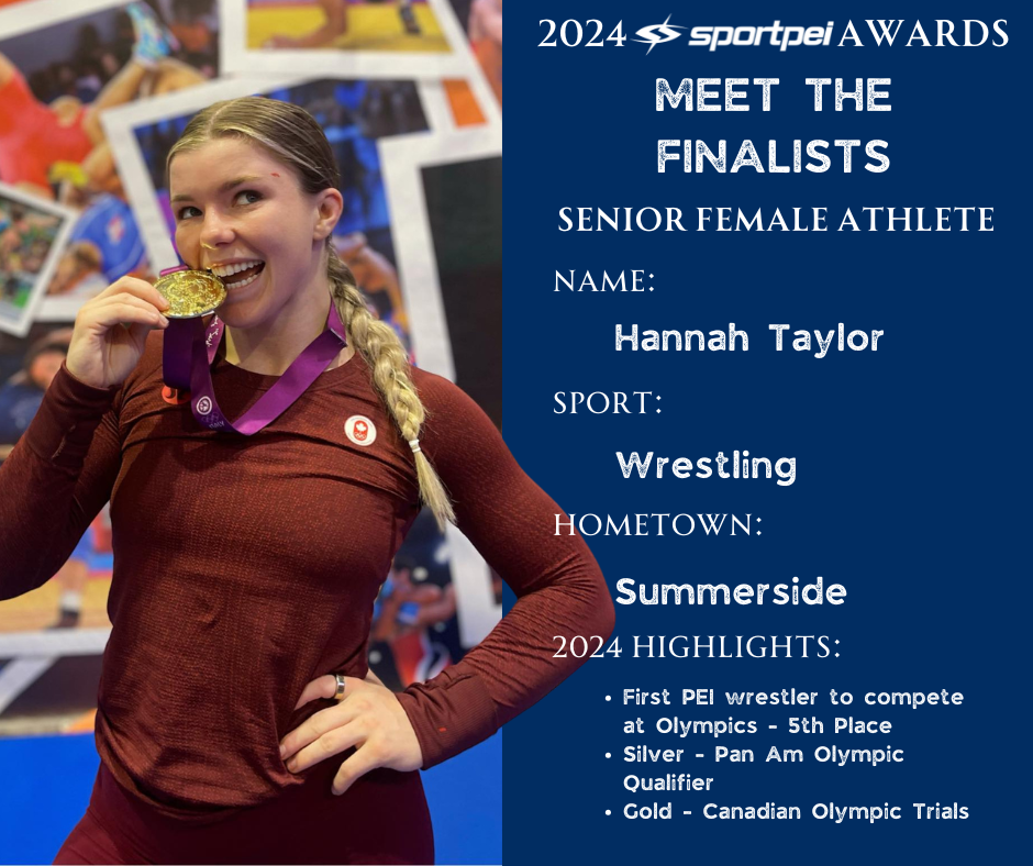 Image of a young woman in a maroon sports outfit wearing a purple medal and a gold medal in her mouth, celebrating her success, with a background of photographs and a blue panel with white text highlighting her accolades in wrestling.