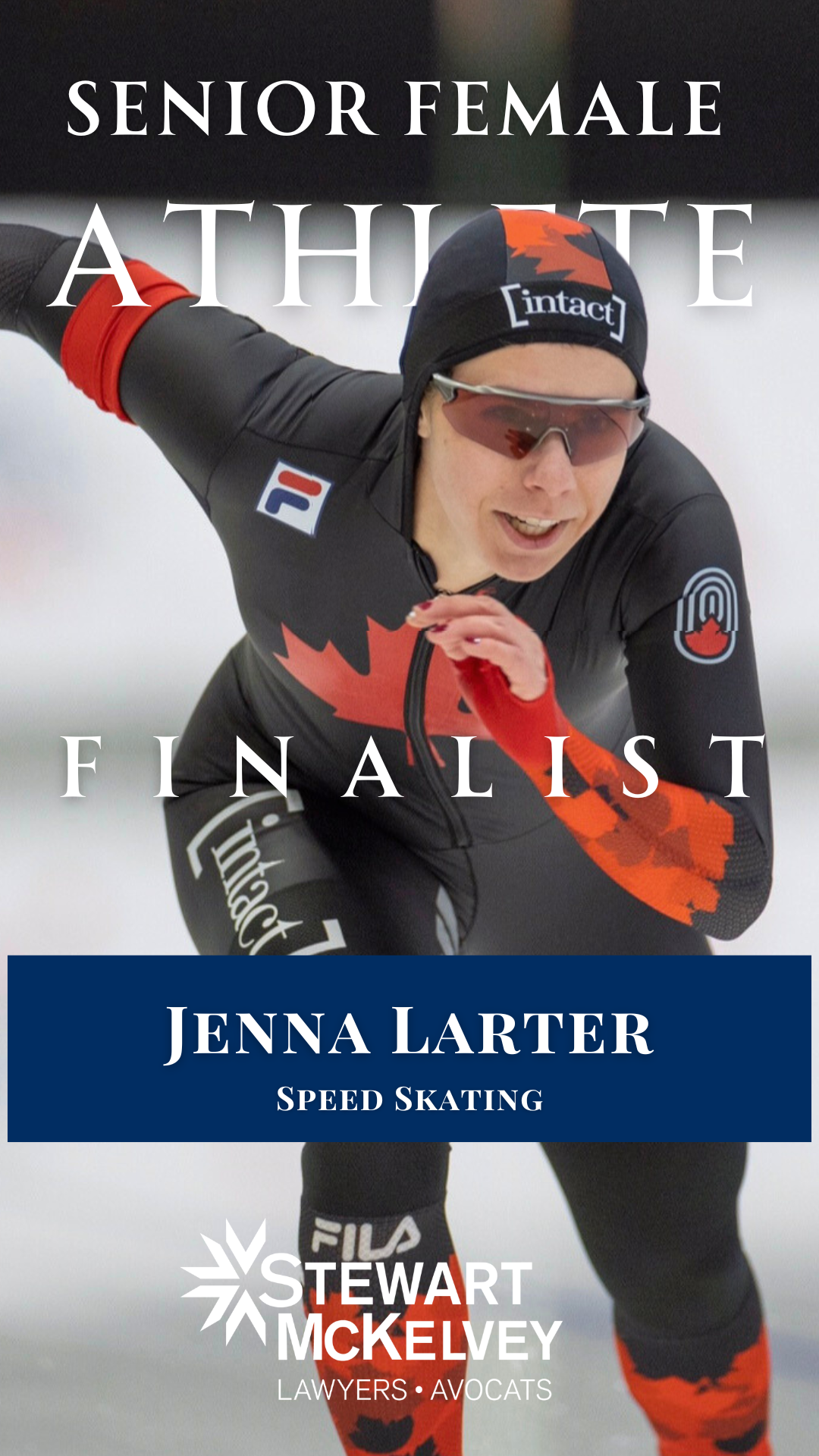 A female speed skater in black and red gear, wearing sunglasses and a helmet, racing on ice with a determined expression.