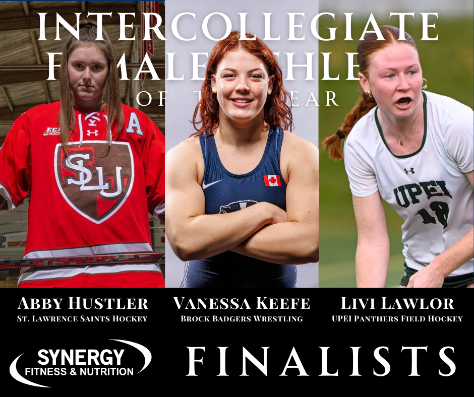 Poster celebrating intercollegiate female athletes of the year featuring Abby Hustler from St. Lawrence Saints hockey, Vanessa Keefe from Brock Badgers wrestling, and Livi Lawlor from UPEI Panthers field hockey, with the word 'Finalists' and sponsor 