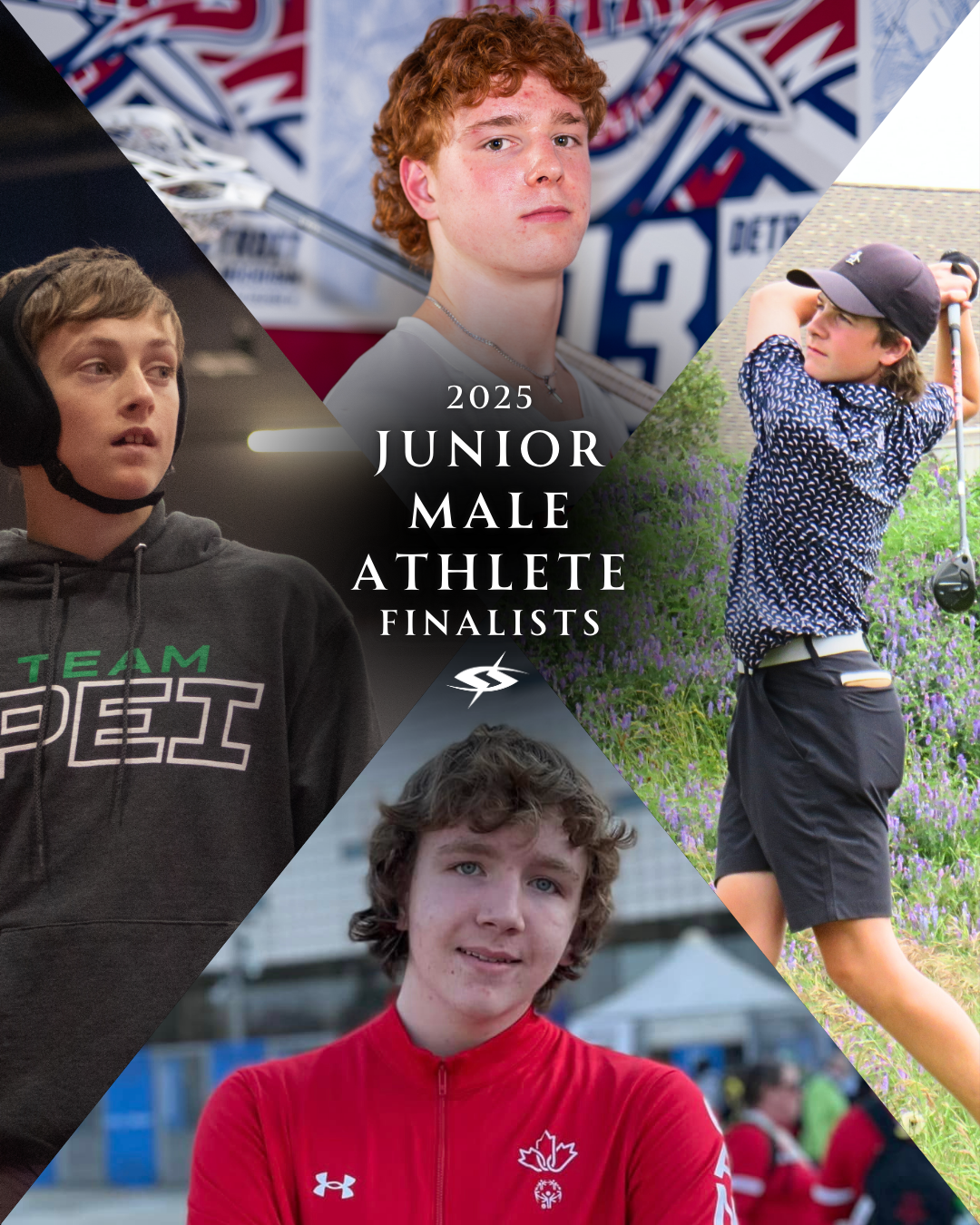 Collage of four junior male athletes, including a soccer player, a golfer, a hockey player, and a young man in athletic gear. The text overlay reads '2025 Junior Male Athlete Finalists'.