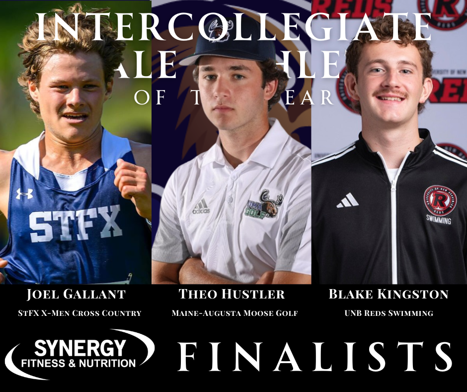 Poster featuring three young men as finalists for the Intercollegiate Sale of the Year, sponsored by Synergy Fitness & Nutrition. From left to right are Joel Gallant, a cross-country runner; Theo Hustler, a golfer; and Blake Kingston, a swimmer.