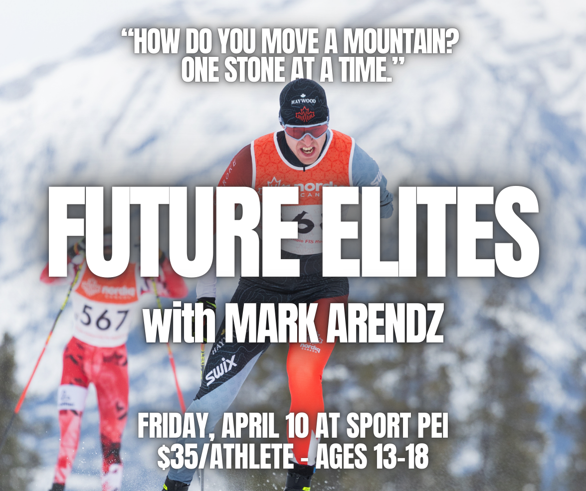 A snowy outdoor scene with two young athletes running in a race, wearing winter sports gear and trying hard, with trees in the background. Text overlays promote a discussion on mountain climbing and an event about future elite athletes.