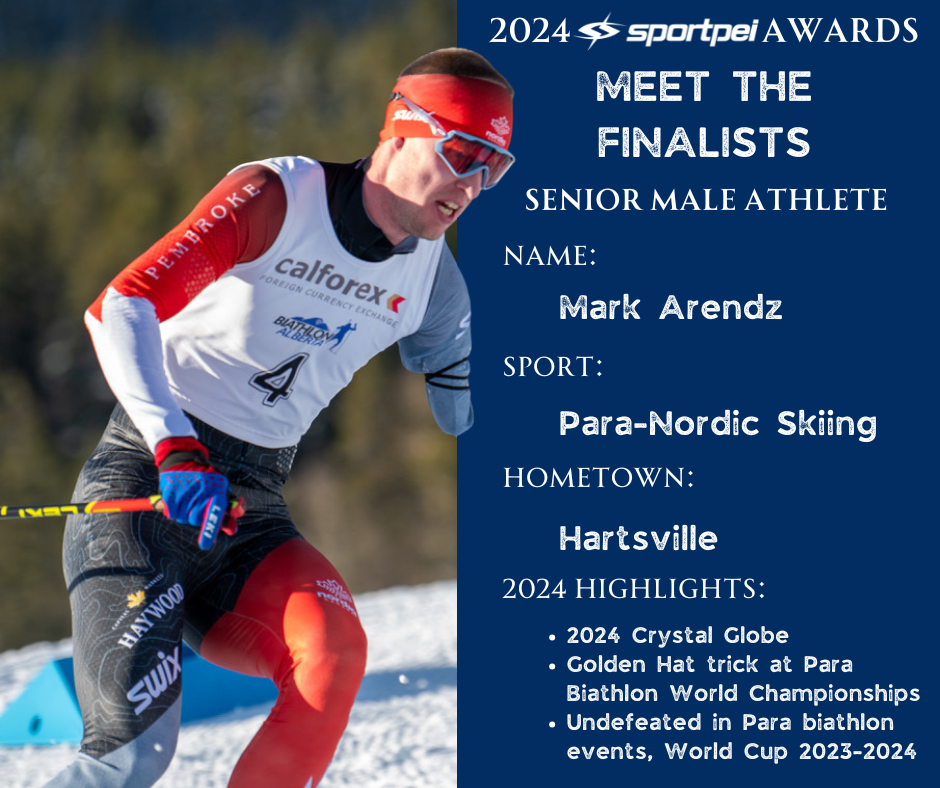 A male athlete in a para-Nordic skiing race, wearing a red headband, sunglasses, a white and red racing suit, and holding ski poles, skiing on snow in a winter outdoor setting.