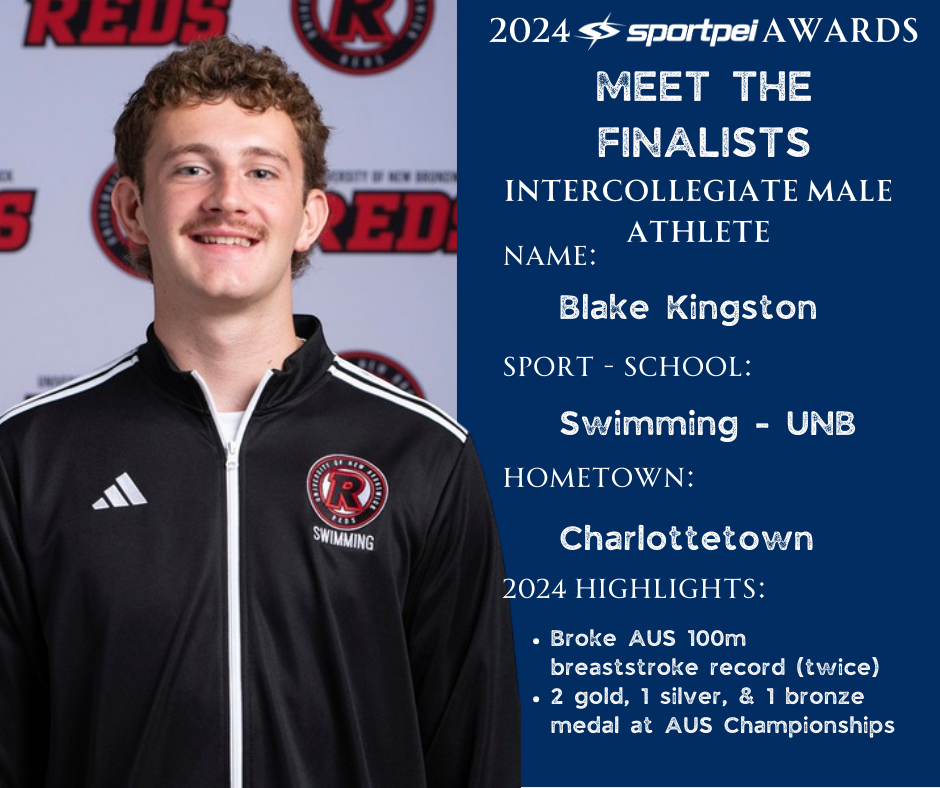 A young male athlete with curly hair and a mustache, wearing a black Adidas sports jacket with a red 'R' logo and the word 'Swimming' on it, standing in front of a backdrop with the same logo, smiling. The image is part of a graphic listing him as a 