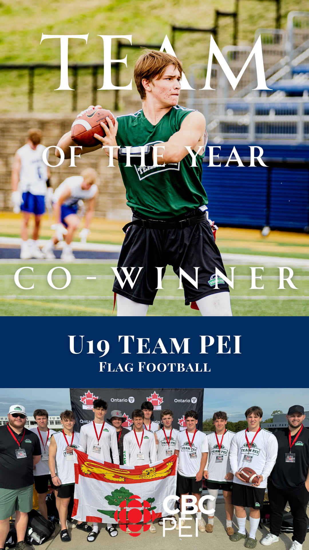 A sports team celebrating with medals and holding a flag, with a coach on the side, on a field during daytime.