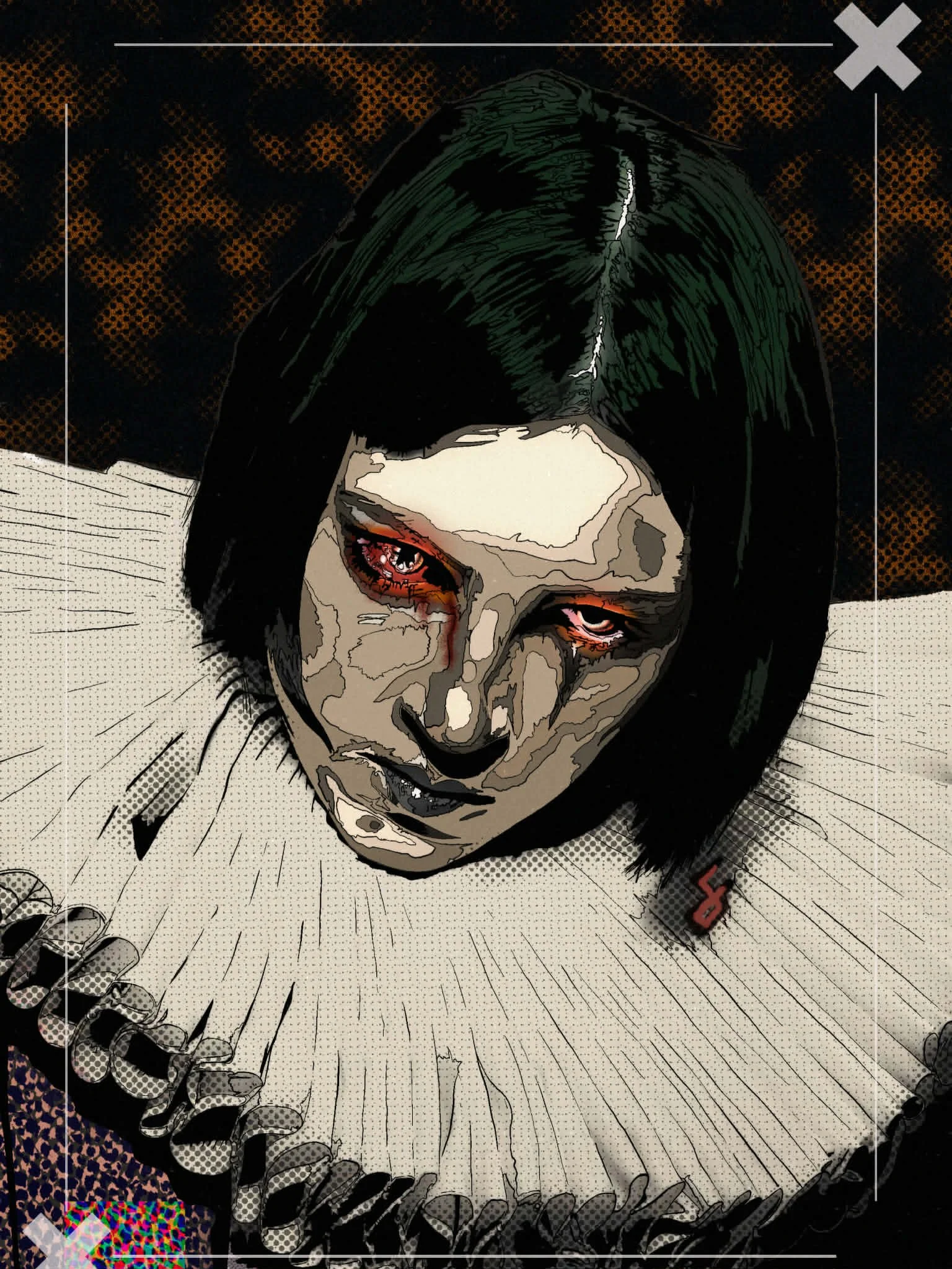 A digital illustration of a woman with pale skin and black hair, dressed as a clown or mime, with dark makeup around her eyes, red eyeshadow, and tears. She is wearing a ruffled white collar with black accents, and her expression appears sad or distr