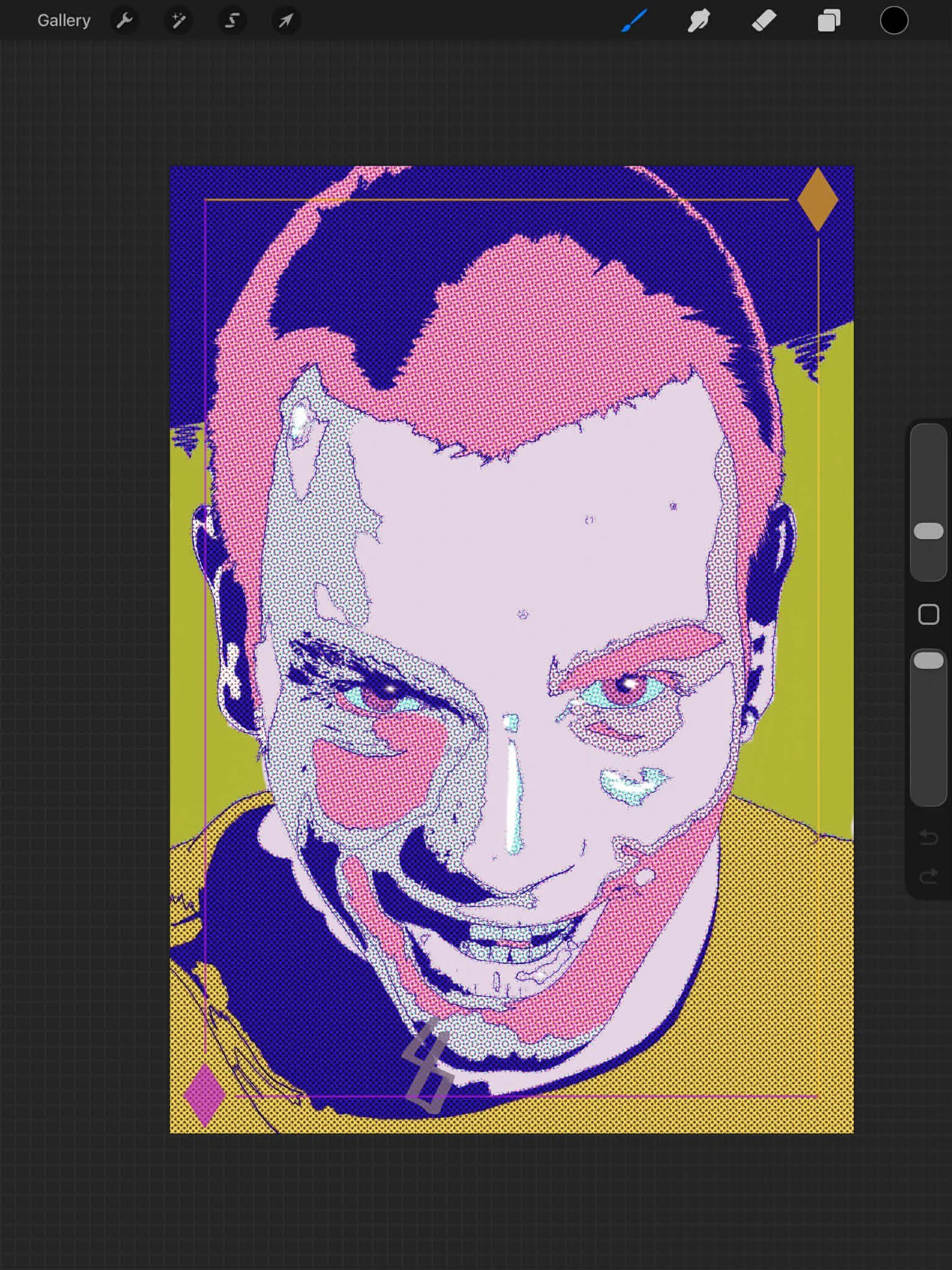 Pop art style digital illustration of a person's face with a mischievous smile, styled with bold colors and halftone patterns.