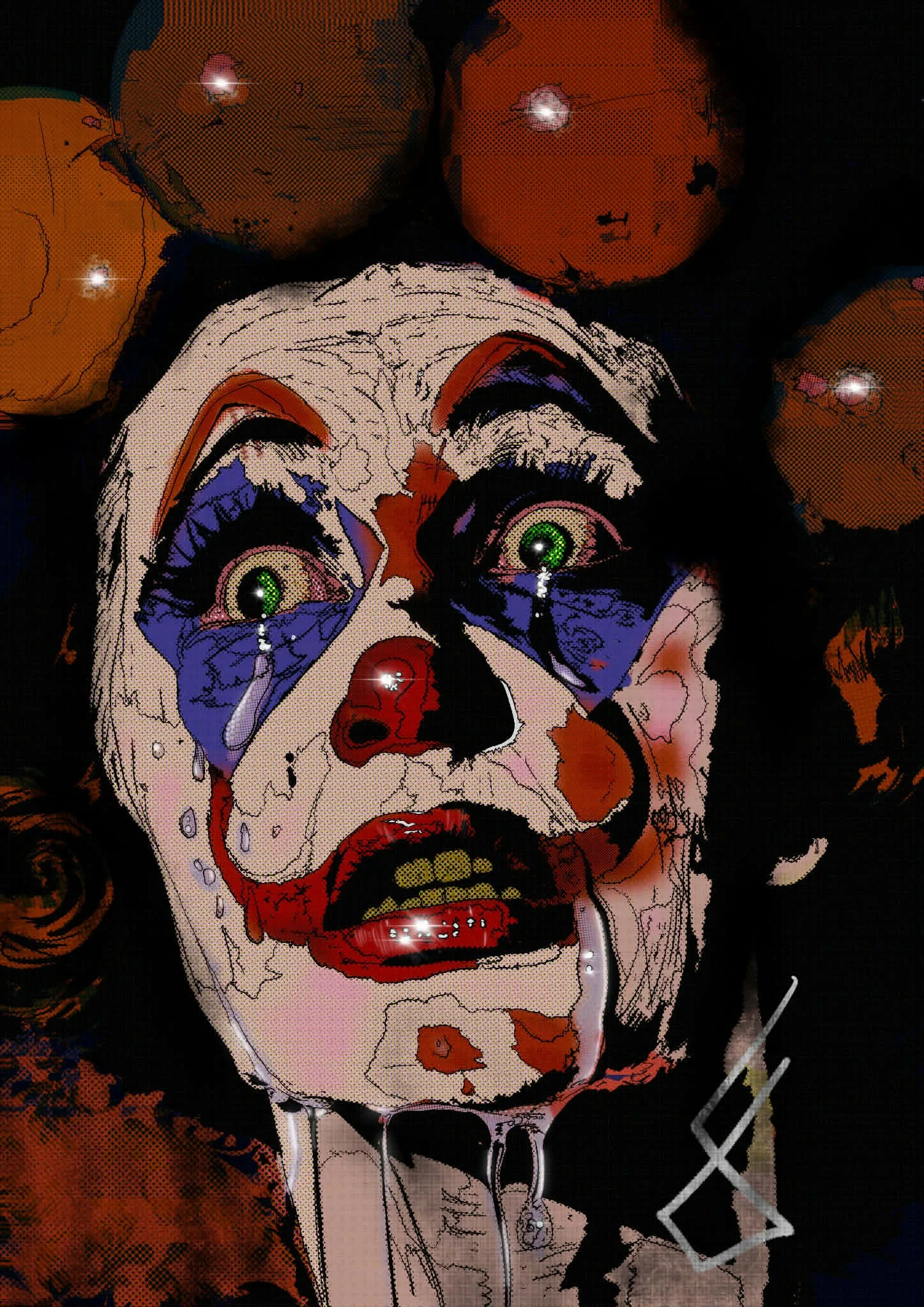 A digital illustration of a clown with green eyes, blue eye makeup, red lipstick, and a painted face, crying with tears streaming down, surrounded by oranges.