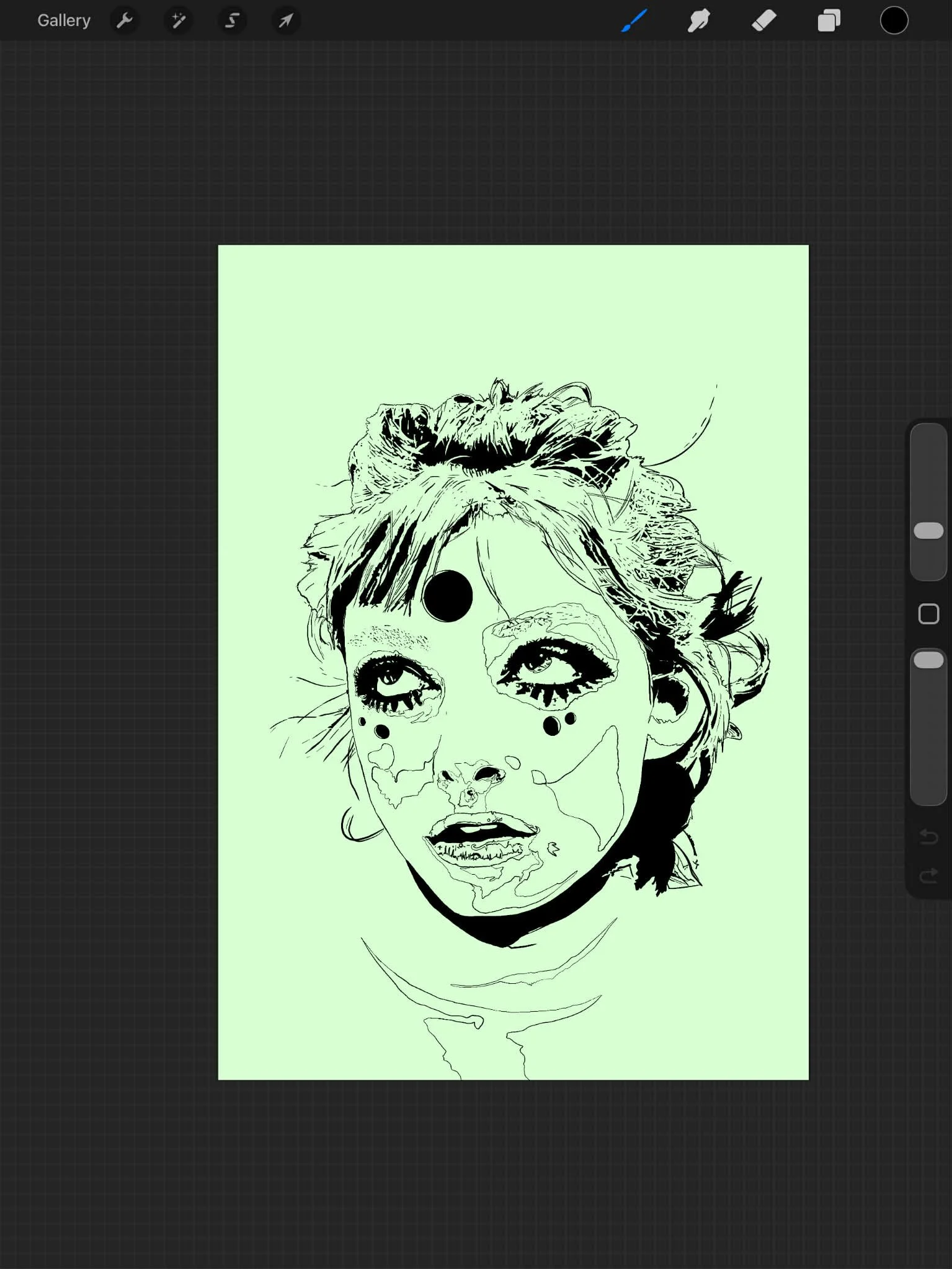 Line art illustration of a woman's face with a large black dot on her forehead, various facial markings, and unkempt hair, on a light green background.