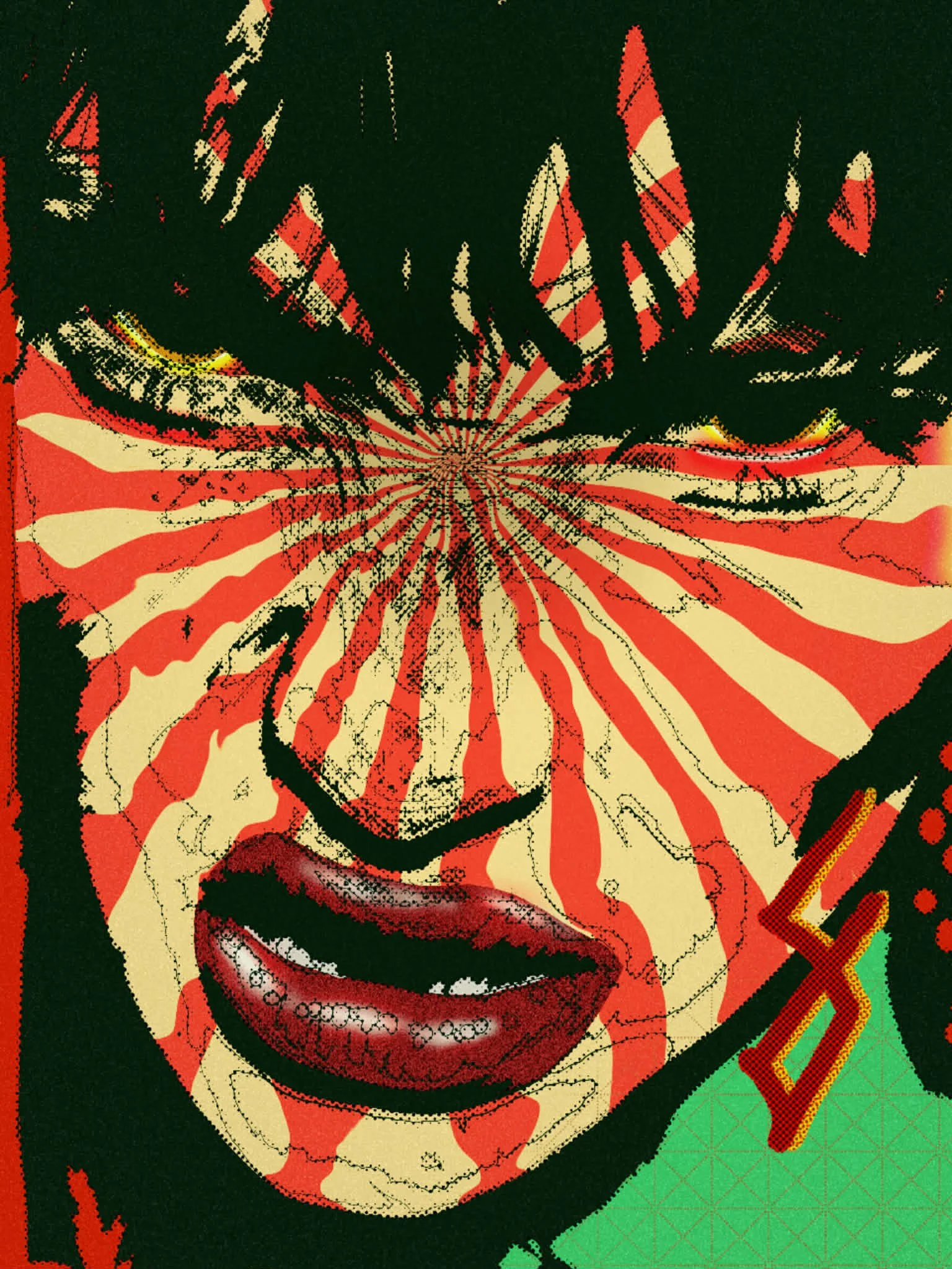 Close-up of a stylized portrait of a woman with dark hair, red lipstick, and an intense gaze, created with bold contrasting colors and graphic design elements.