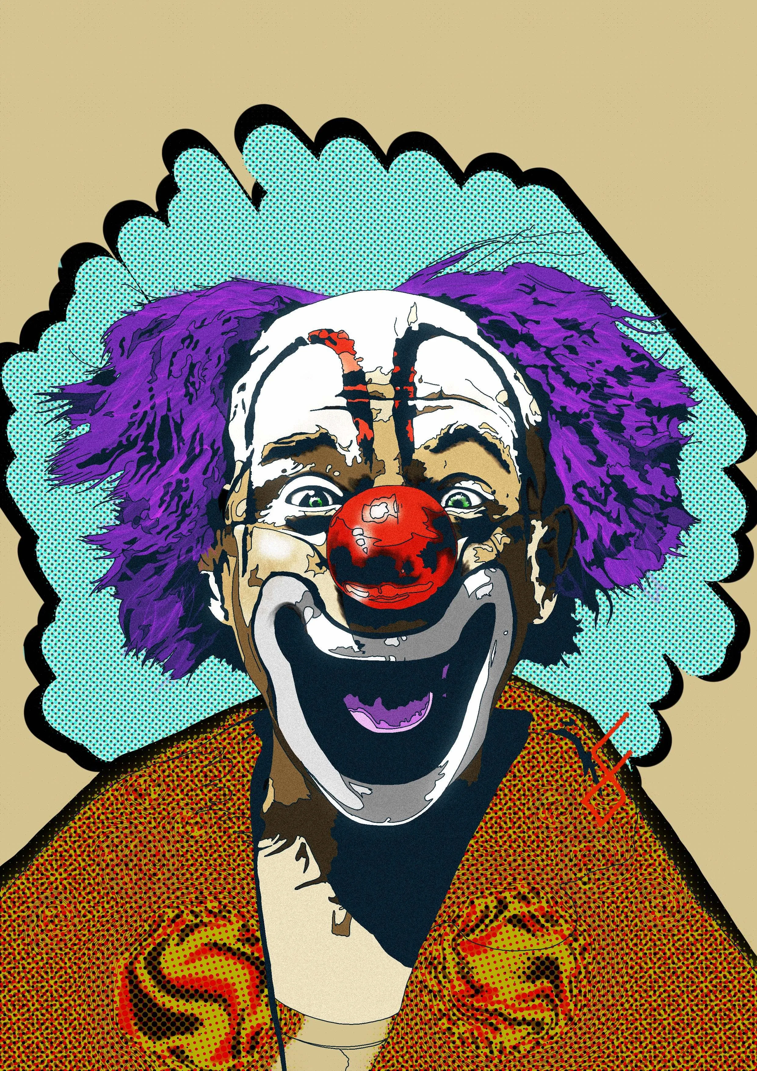 Comic-style illustration of a smiling clown with purple hair, white face paint, red nose, and colorful clown makeup, wearing a multicolored outfit.