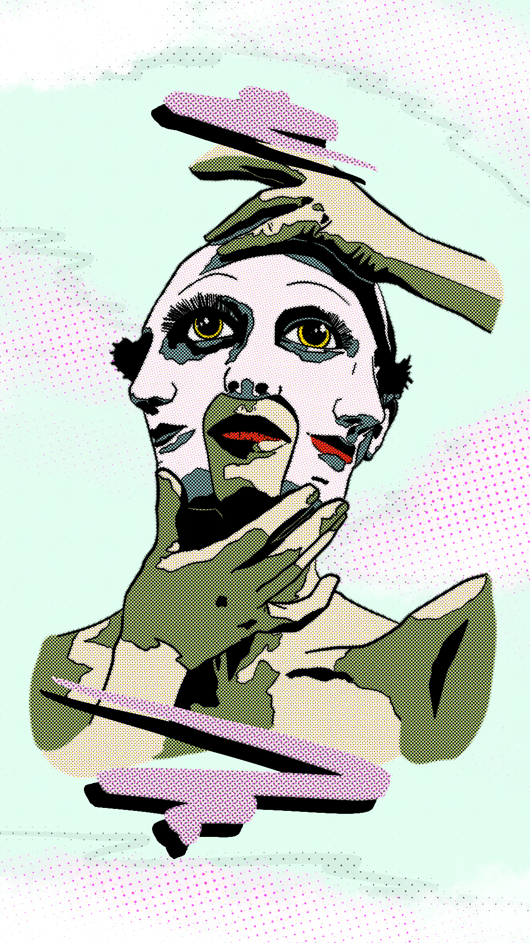 Pop art style illustration of a woman with multiple faces, touching her chin with one hand and her forehead with the other, with a distressed or contemplative expression.