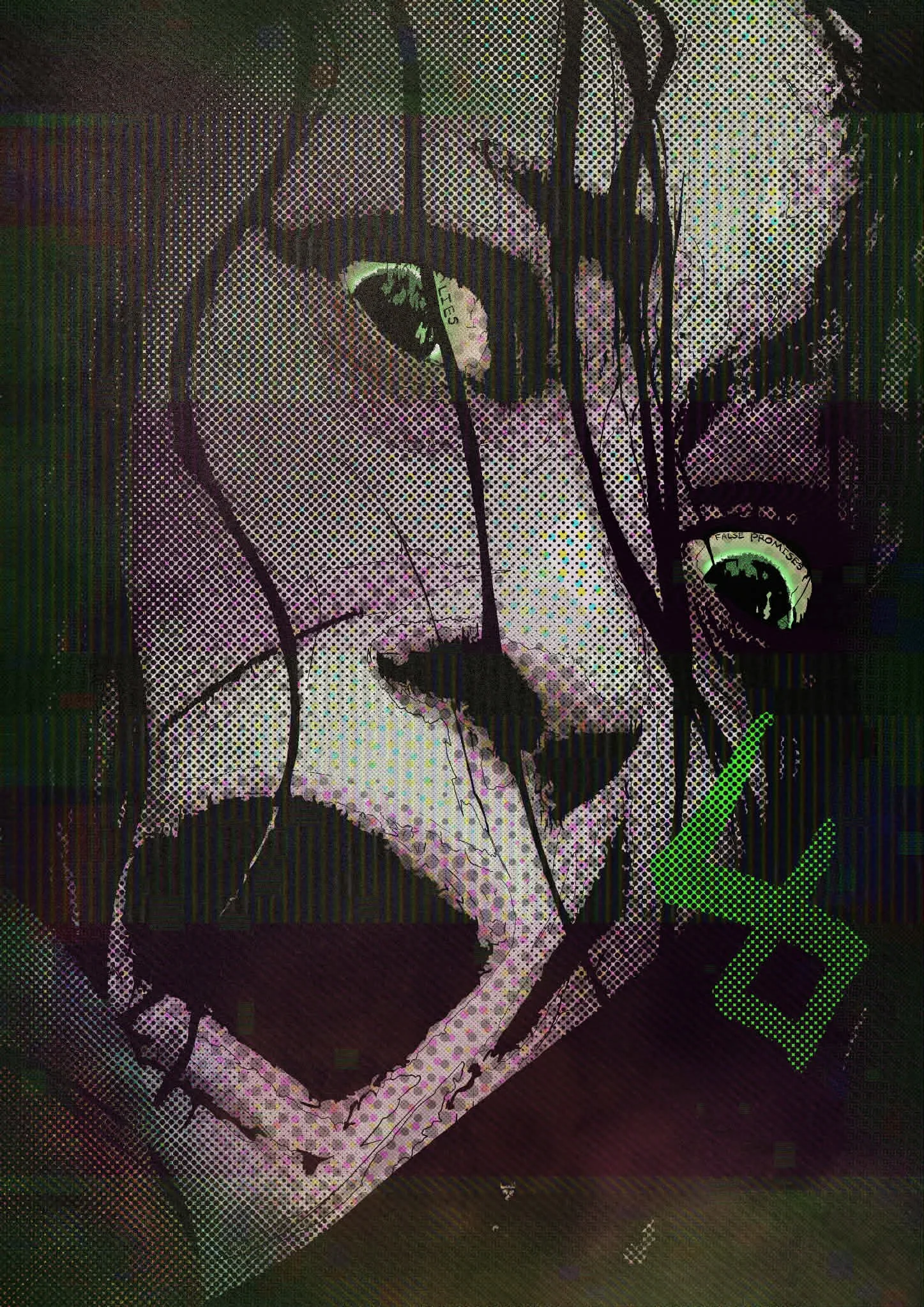 A black and white digital illustration of a woman with long hair, with colored halftone patterns and green elements, including large green letter 'X' and circular symbols on her face.