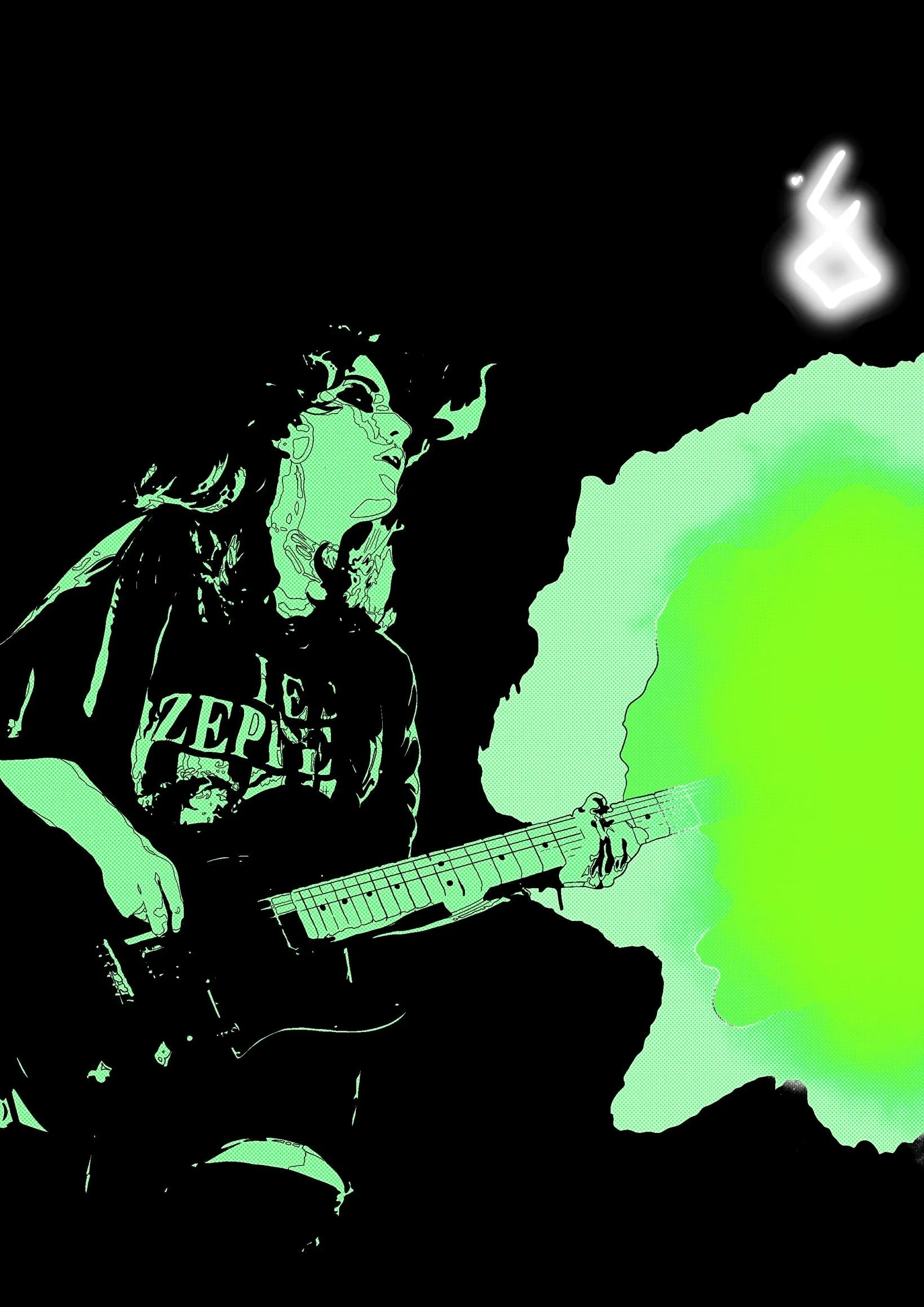 A stylized, abstract digital illustration of a person with long hair, wearing a Zeppeli shirt, playing an electric guitar with a bright green burst of color emanating from it.