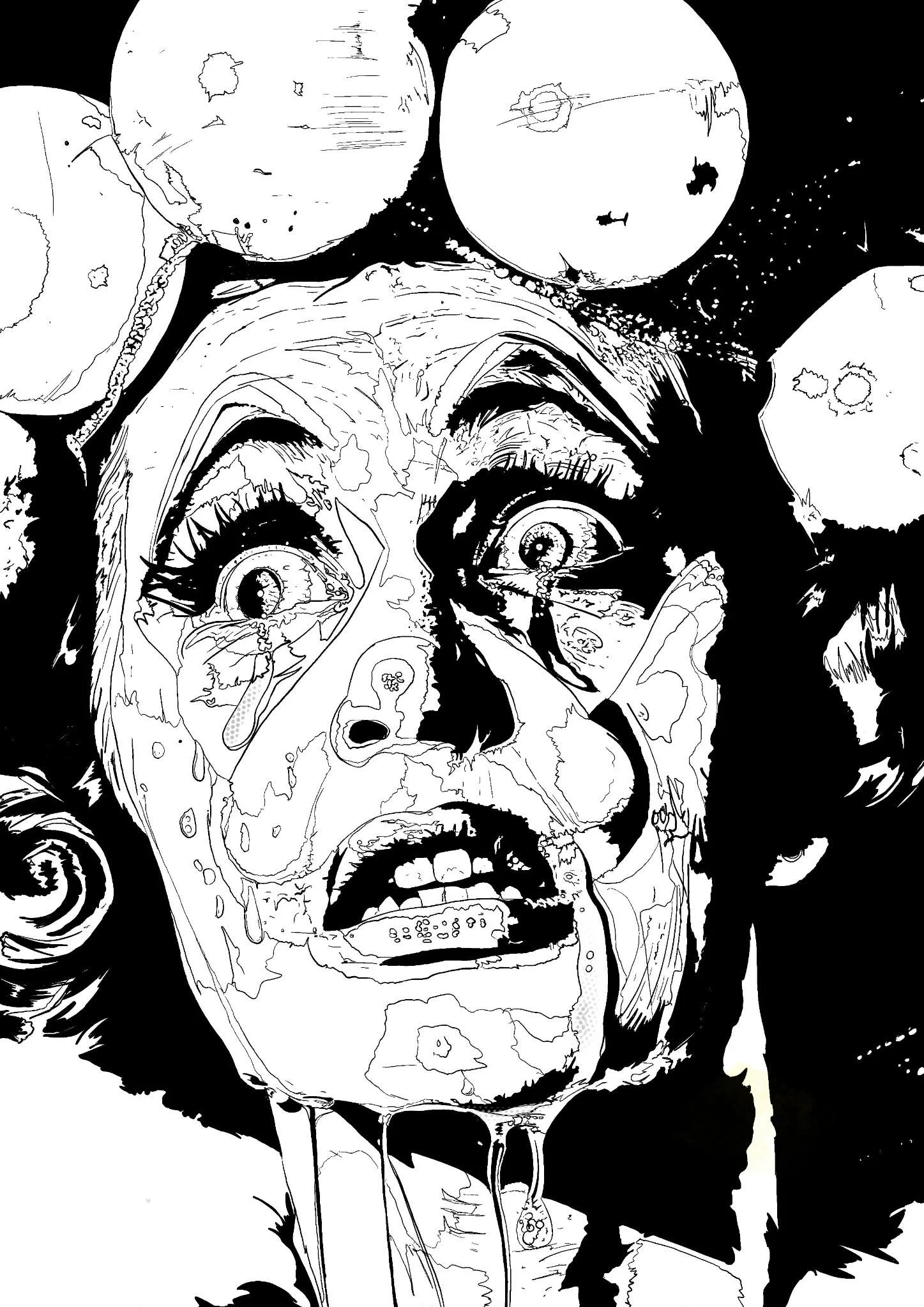 Black and white line art of a distressed woman's face with dripping tears, wide eyes, and an open mouth, surrounded by abstract shapes and circular patterns.
