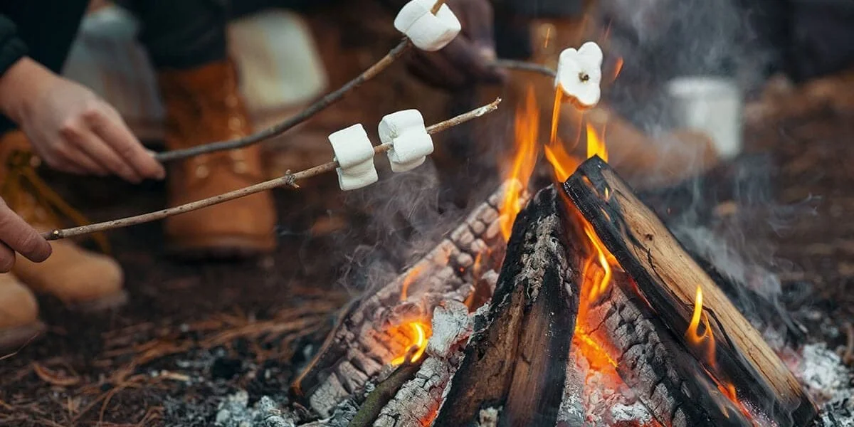 People roasting marshmallows on a campfire outdoors at night.