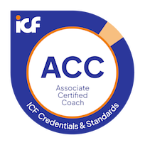 ICF Certified Coach accreditation logo featuring a circular design with a blue, orange, and beige color scheme and the words 'ACC Associate Certified Coach'.