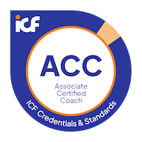 ICF ACC logo, a circular badge with blue and orange sections, indicating Associate Certified Coach credentials.
