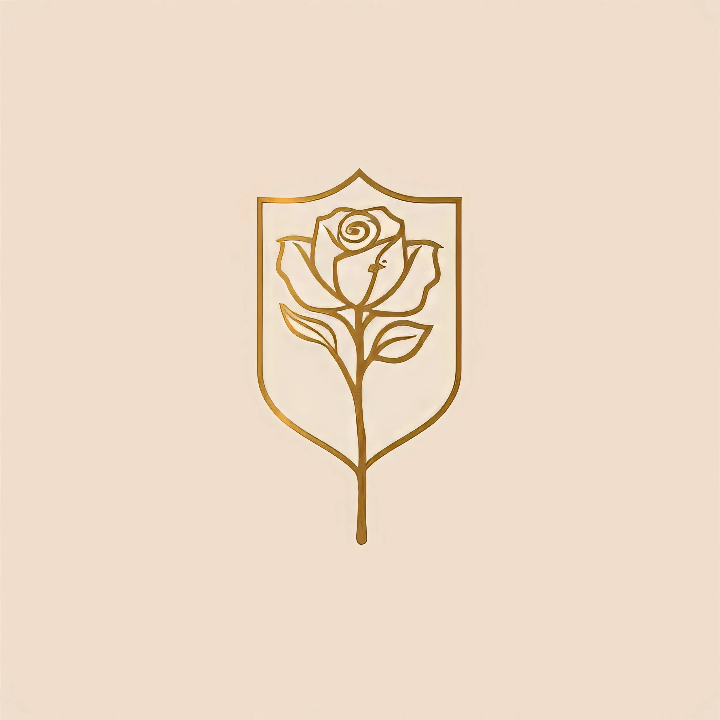 A gold outline of a rose within a shield-shaped frame on a beige background.