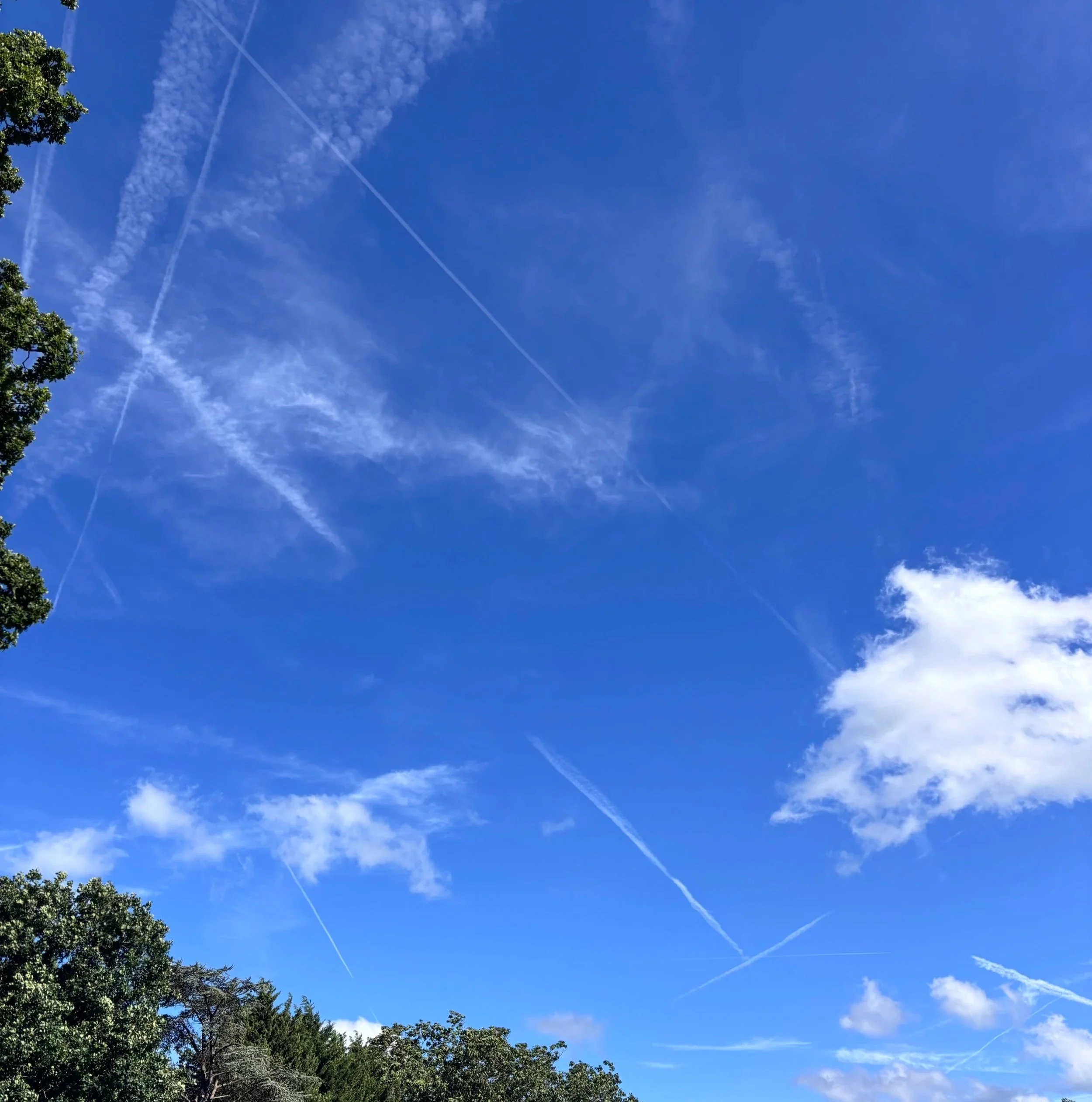 white trails in the skies over windless left by planes and aircraft