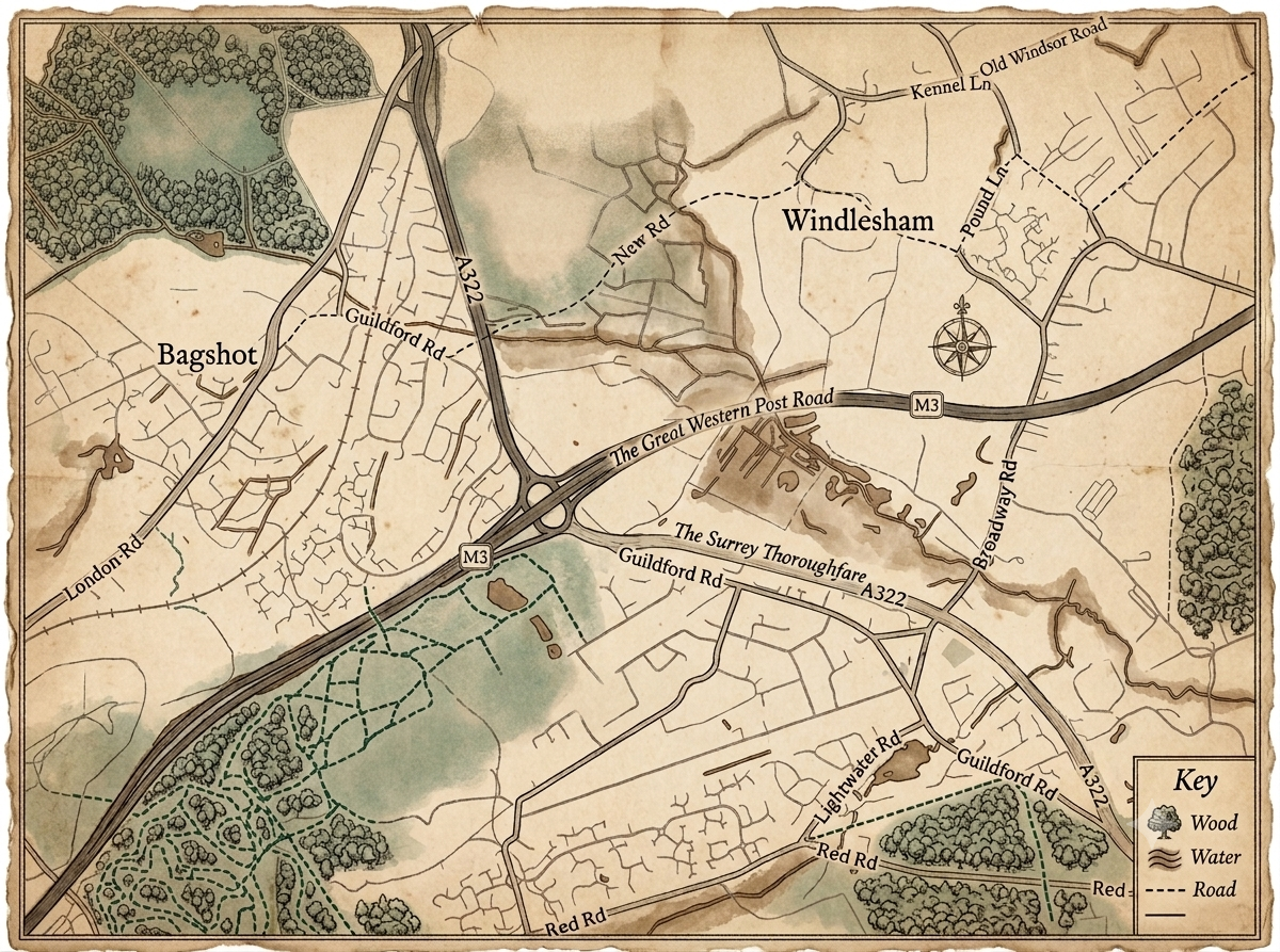 AI generated vintage style map of windlesham area