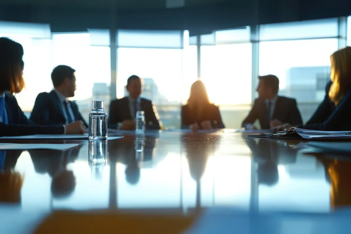 A group of businesspeople sitting around a conference table with a cityscape view in the background, illuminated by sunlight.