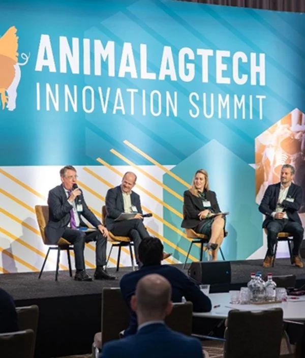 Panel discussion at the Animal Ag Tech Innovation Summit, with four speakers on stage and audience members sitting at tables.