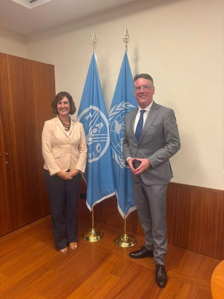 A woman and a man in business attire standing in front of two United Nations flags.